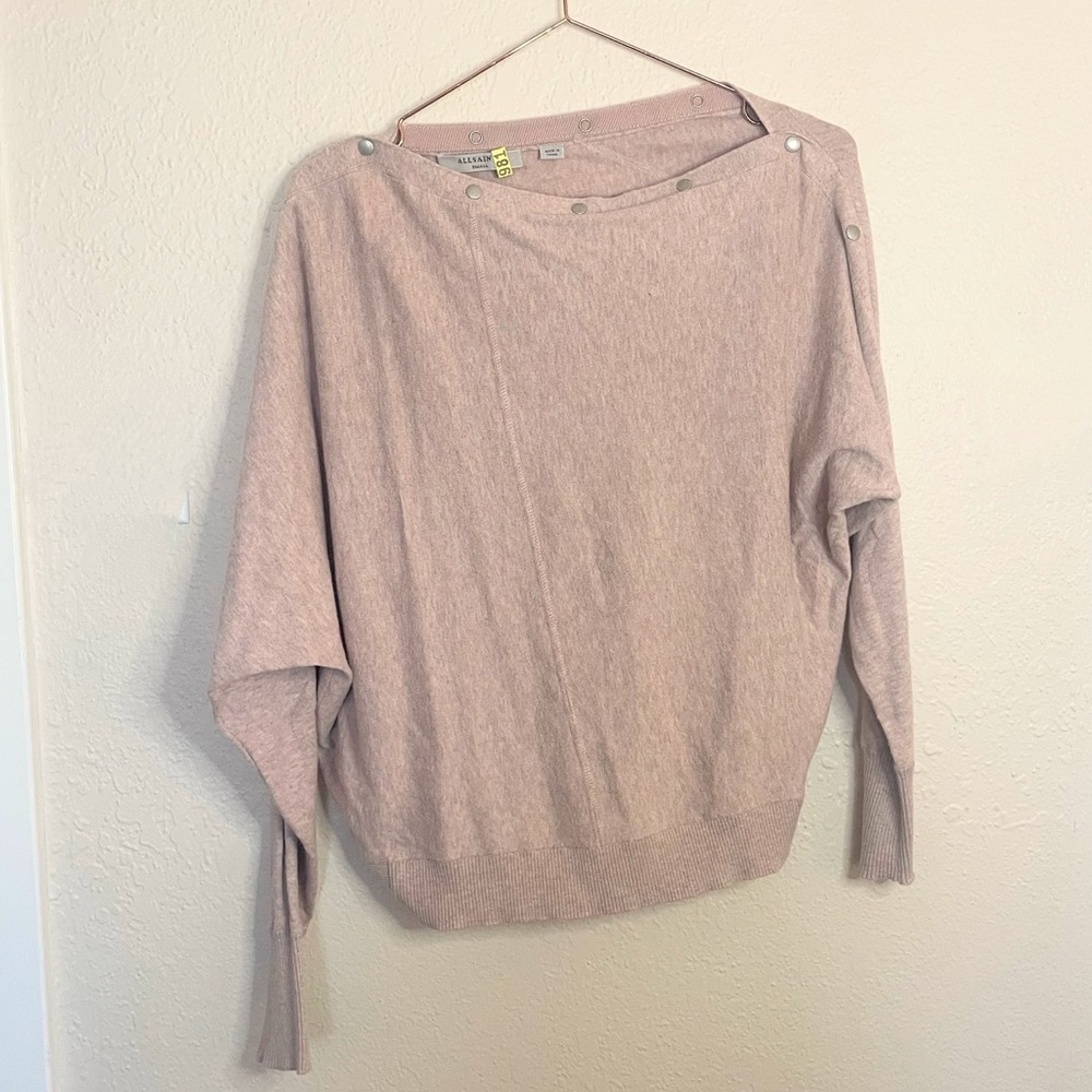 AllSaints Elle Jumper Pink Marl Sweater Snap Shoulder Minimalist Chic